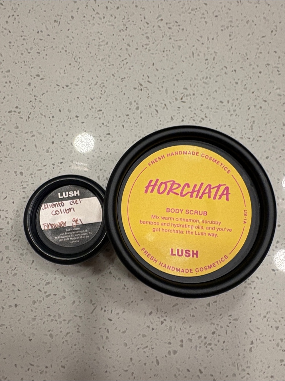 LUSH Horchata Body Scrub - Yellow Label with Pink Text and sample